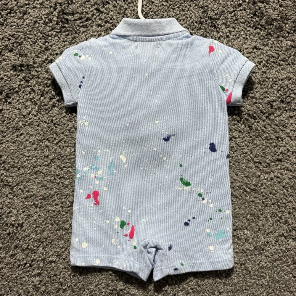Ralph Lauren Polo Romper Baby Boy Size 3 Months Blue Paint Splatter Preppy NWT